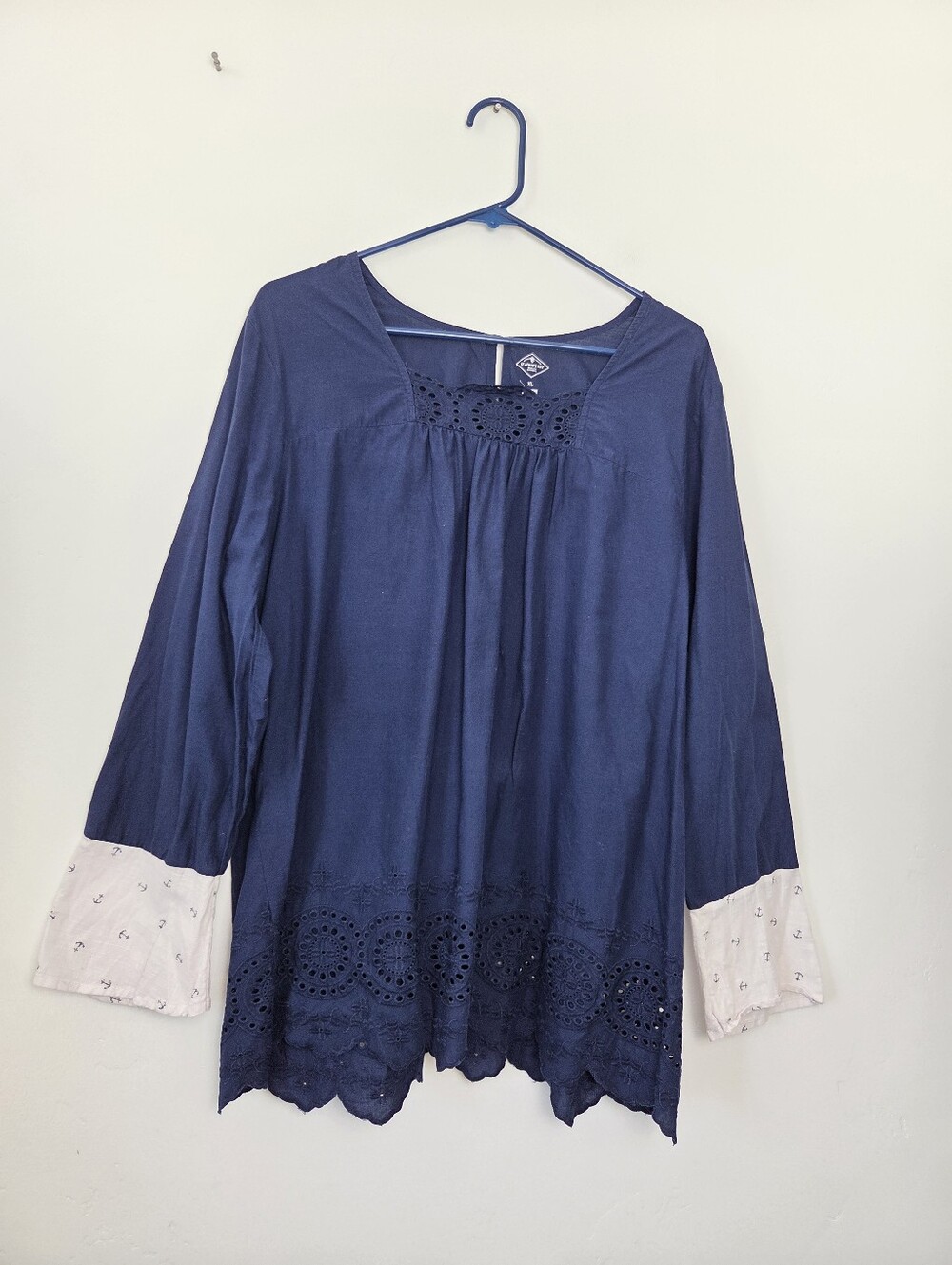 St. John's Bay 100% Cotton Navy Blouse Top Nautical Anchor Square Neck Lace Trim